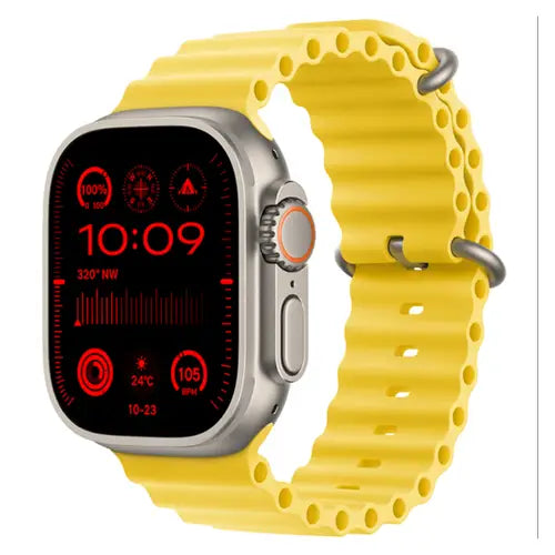 HK9 Ultra 2 Gen2 A digital smartwatch with a yellow band and a silver-colored case, displaying time, temperature, and various smart notifications on its screen.