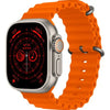 HW68 Ultra silver smartwatch with a orange band and a digital display.