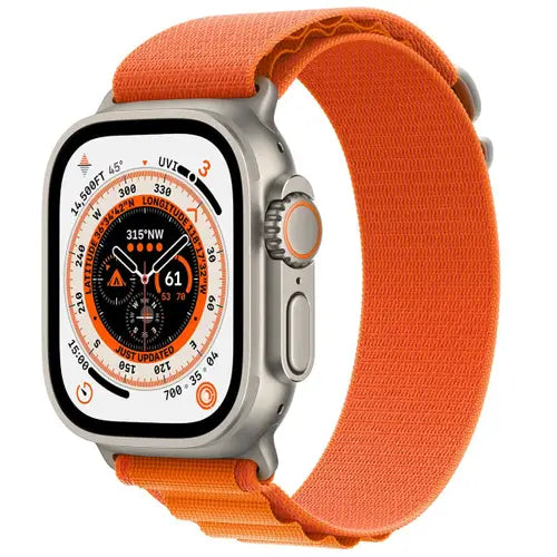 HW8 Ultra Smartwatch with orange band and detailed display on white background