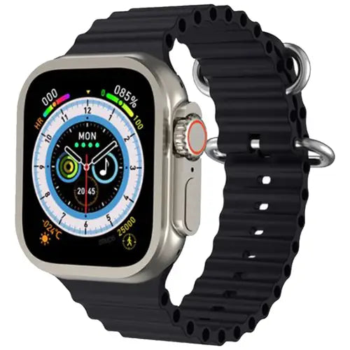 HW8 Ultra Max digital smart watch with a black band and silver case, displaying a colorful digital screen with various smart watch app icons.