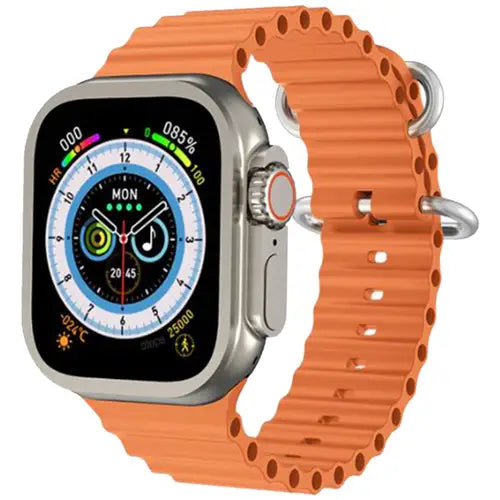 HW8 Ultra Max digital smart watch with a orange band and silver case, displaying a colorful digital screen with various smart watch app icons.