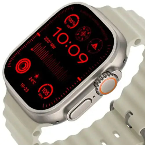 HW8 Ultra Max digital smart watch with a white band and silver case, displaying a colorful digital screen with various smart watch app icons.