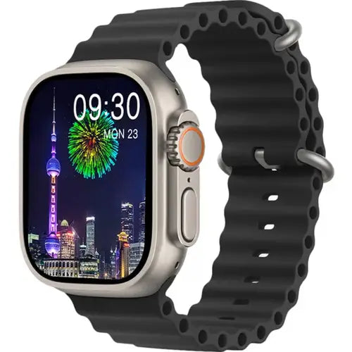 HW9 Ultra Max digital smartwatch with a silver case and a black strap, displaying a colorful digital screen showing the time and various app icons.