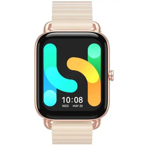 Haylou RS4 Plus Smart Watch with a beige band on a white background