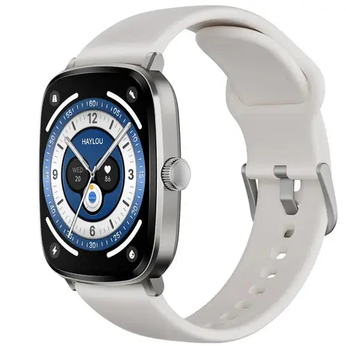 Haylou RS5 Smart Watch with a white band on a white background
