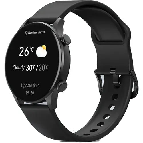 Haylou RT3 Solar Plus Calling Watch smartwatch displaying weather information on a white background