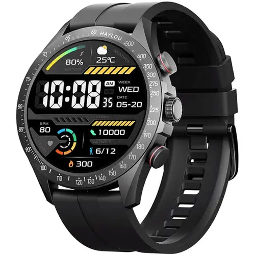 Black Haylou Solar Pro Smart Watch with digital display on a white background