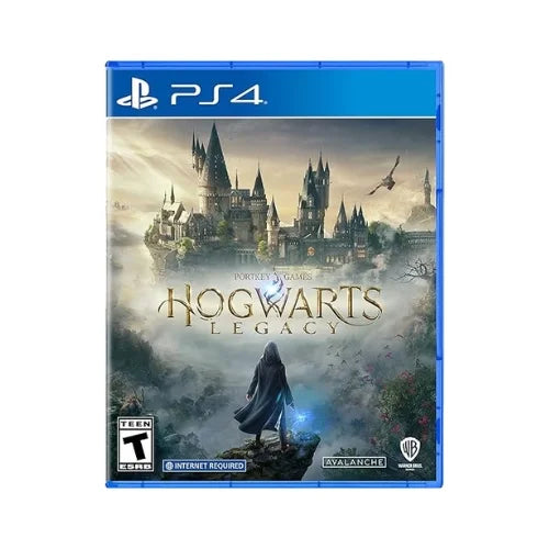 A game case 'Hogwarts Legacy PS4' featuring a wizard in front of Hogwarts castle with a misty background.
