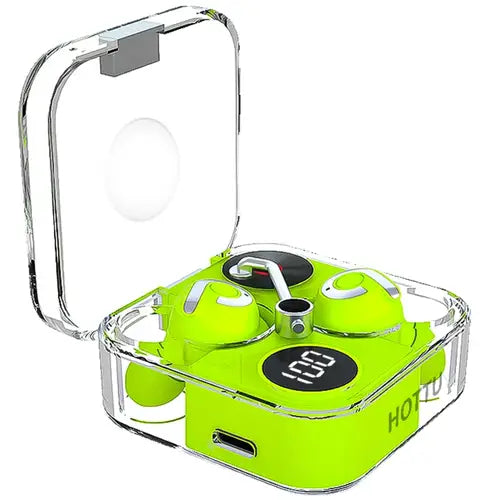 A pair of green Hottu TWS Earbuds HOT-TS20 in an open transparent charging case.