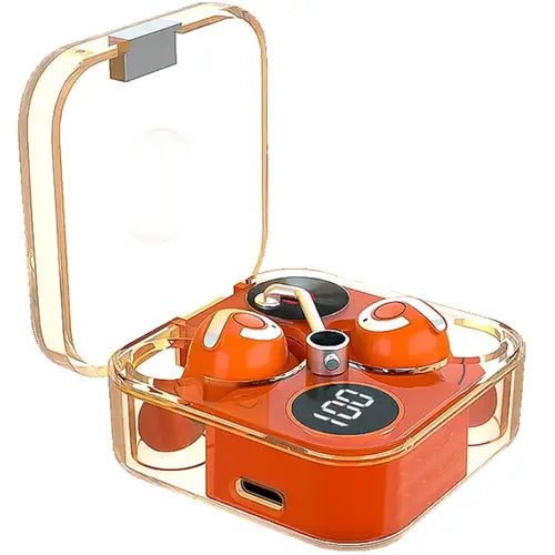 A pair of orange Hottu TWS Earbuds HOT-TS20 in an open transparent charging case.