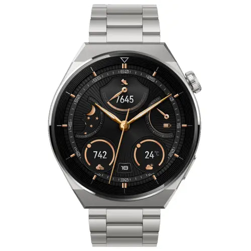 A Huawei Watch GT3 Pro with a black dial and a gray leather band.