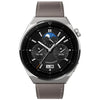 A Huawei Watch GT3 Pro with a black dial and a gray leather band.
