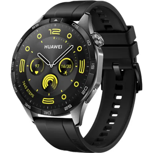 Huawei Watch GT 4 (46mm) Smartwatch with black face and yellow accents on white background