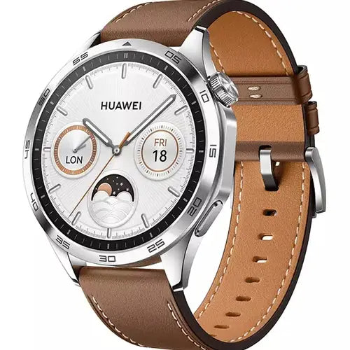Huawei Watch GT 4 (46mm) Smartwatch with brown leather strap on white background