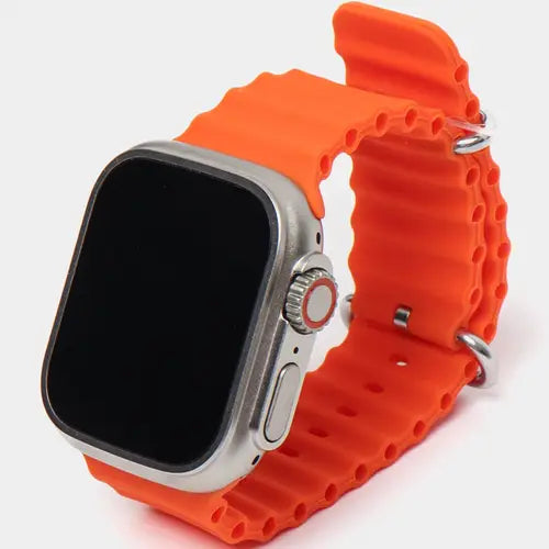 i16 Ultra digital smart watch with a orange band and case, featuring a colorful display showing an animated horse and various smart watch app icons.