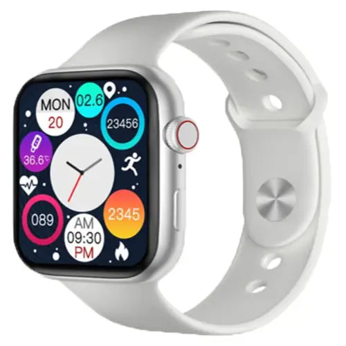 I7 Pro white 44mm smartwatch with a silicone band and a digital display showing time, date, and various smart watch notifications.