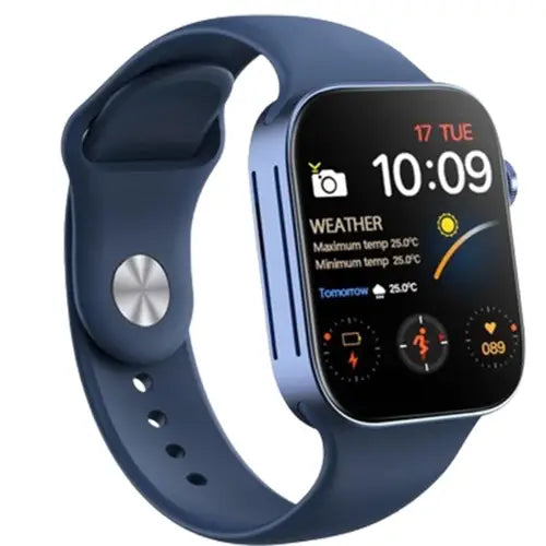 A blue i8 Pro Max smart watch with a blue band and a feature display showing the time.