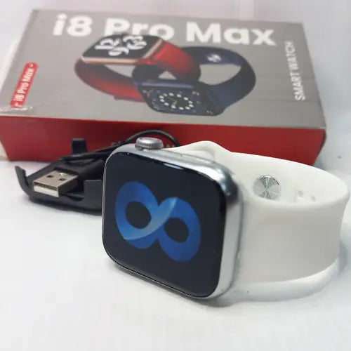A white i8 Pro Max smart watch with a white band and a feature display showing the time.