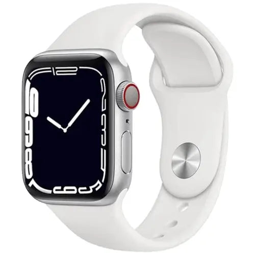 A silver i8 Pro Max smart watch with a white band and a black display showing the time.