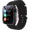 I8 Ultra Max smart watch with a silver case and an black strap, displaying a colorful dial with various indicators.