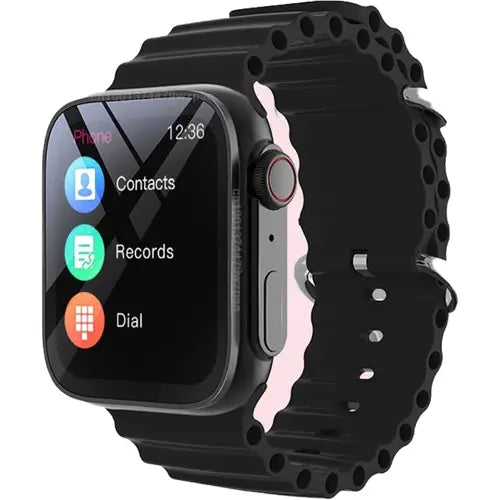 I8 Ultra Max smart watch with a silver case and an black strap, displaying a colorful dial with various indicators.