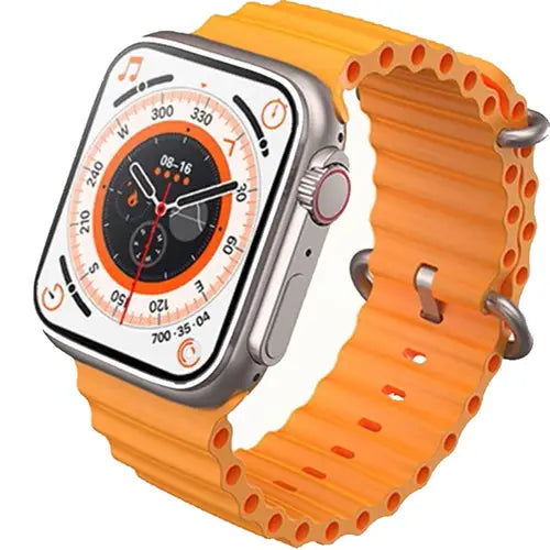 I8 Ultra Max smart watch with a silver case and an orange strap, displaying a colorful dial with various indicators.