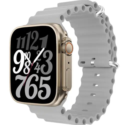 I8 Ultra Max smart watch with a silver case and an white strap, displaying a colorful dial with various indicators.