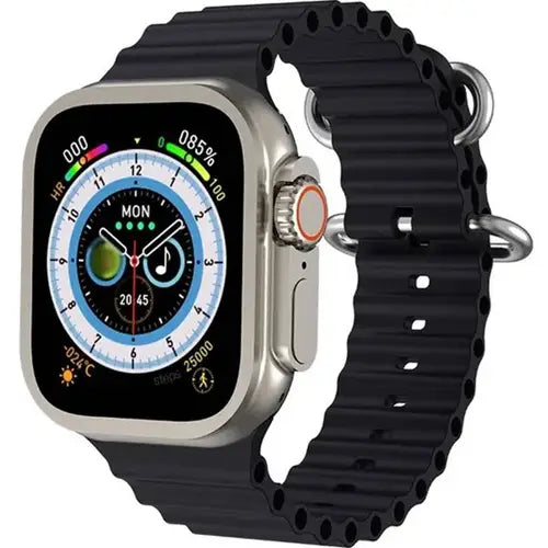I8 Ultra Smart Watch with black band and colorful display on white background