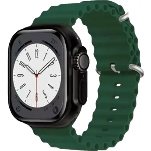 I8 Ultra Smart Watch with a black case and a green silicone strap, displaying a white watch face with black hands and numbers.