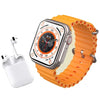I8 Ultra Smart Watch with orange band and earbuds on a white background