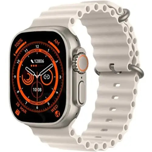 I8 Ultra Smart Watch with a white band on a white background