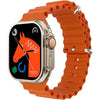 This image features the i9 Ultra Max Smart Watch, showcased with a striking orange band and a silver metallic case. The watch face displays a dynamic orange horse graphic with a unique, textured background that enhances its visual appeal.