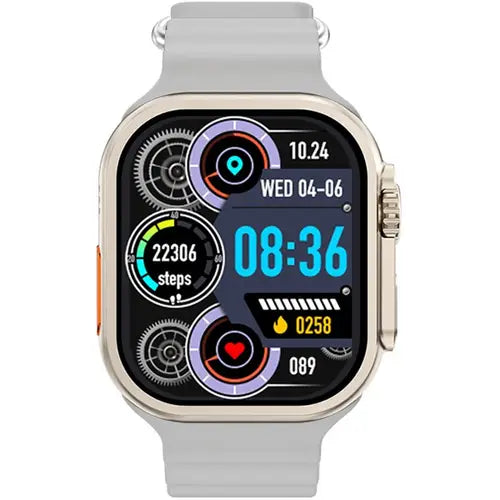 i9 ultra max smart watch with a white band and case, with digital display.