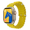 This image features the i9 Ultra Max Smart Watch, showcased with a striking yellow band and a silver metallic case. The watch face displays a dynamic blue horse graphic with a unique, textured background that enhances its visual appeal.