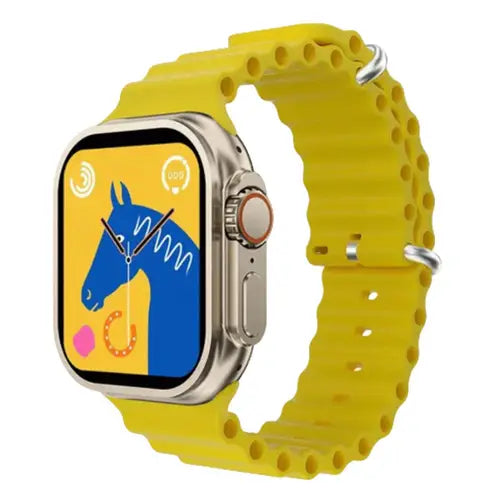 This image features the i9 Ultra Max Smart Watch, showcased with a striking yellow band and a silver metallic case. The watch face displays a dynamic blue horse graphic with a unique, textured background that enhances its visual appeal.