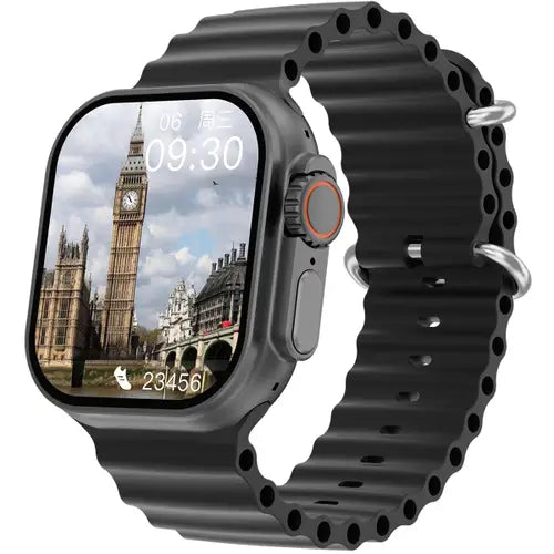 IW8 Ultra Max an black smartwatch with a silicone band and a digital display showing time, date, and various smart notifications.