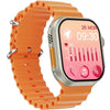IW8 Ultra Max an orange smartwatch with a silicone band and a digital display showing time, date, and various smart notifications.