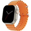 IW8 Ultra Series 8 smart watch with a silver metal case and an orange silicone band, displaying a clock face on the screen.