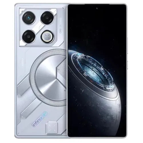 Infinix GT 20 Pro in silver color smartphone with a unique design on a white background.