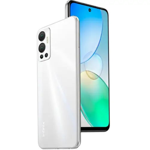 A black Infinix Hot 12 in legend white
color mobile phone shown from the front and back, displaying the screen and camera lenses.