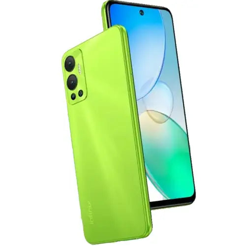 A black Infinix Hot 12 in lucky green color mobile phone shown from the front and back, displaying the screen and camera lenses.