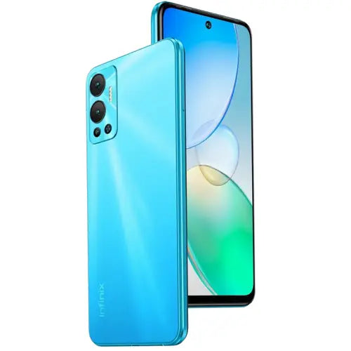 A black Infinix Hot 12 in origin blue
color mobile phone shown from the front and back, displaying the screen and camera lenses.
