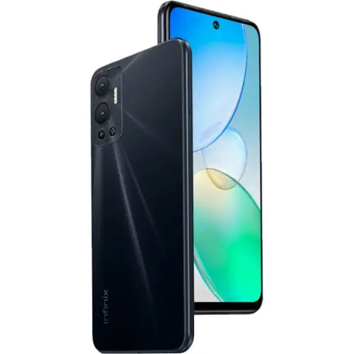 A black Infinix Hot 12 in racing black color mobile phone shown from the front and back, displaying the screen and camera lenses.