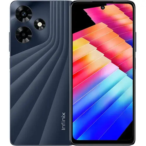 Infinix Hot 30 smartphone in racing black color with a colorful pattern on the back, featuring a camera module with multiple lenses and a logo on the front.
