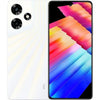 Infinix Hot 30 smartphone in white color with a colorful pattern on the back, featuring a camera module with multiple lenses and a logo on the front.