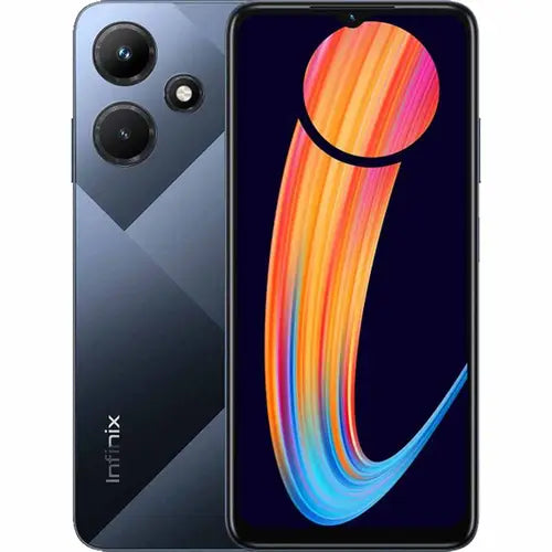 Infinix Hot 30 Play smartphone in black color with dual rear cameras and a water droplet notch on the display.