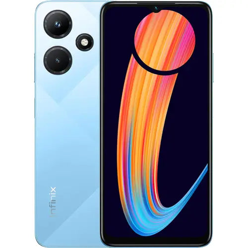 Infinix Hot 30i smartphone in glacier blue color with dual rear cameras and a water droplet display.