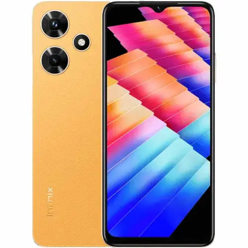 Infinix Hot 30i smartphone in marigold color with dual rear cameras and a water droplet display.