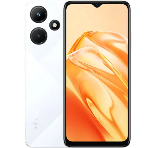 Infinix Hot 30i smartphone in white color with dual rear cameras and a water droplet display.