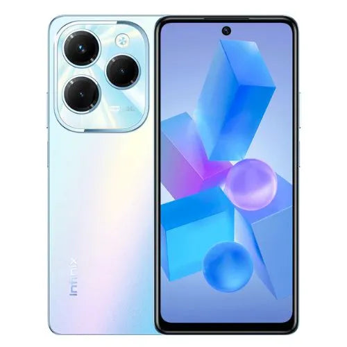 Infinix Hot 40 smartphone in palm blue with front and back views on a white background